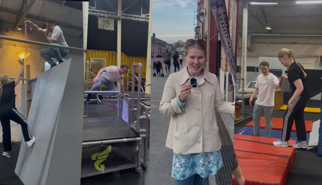 Lucy Aho testar parkour i Kallhäll. Brandon Sandén coachar.