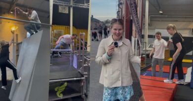 Lucy Aho testar parkour i Kallhäll. Brandon Sandén coachar.